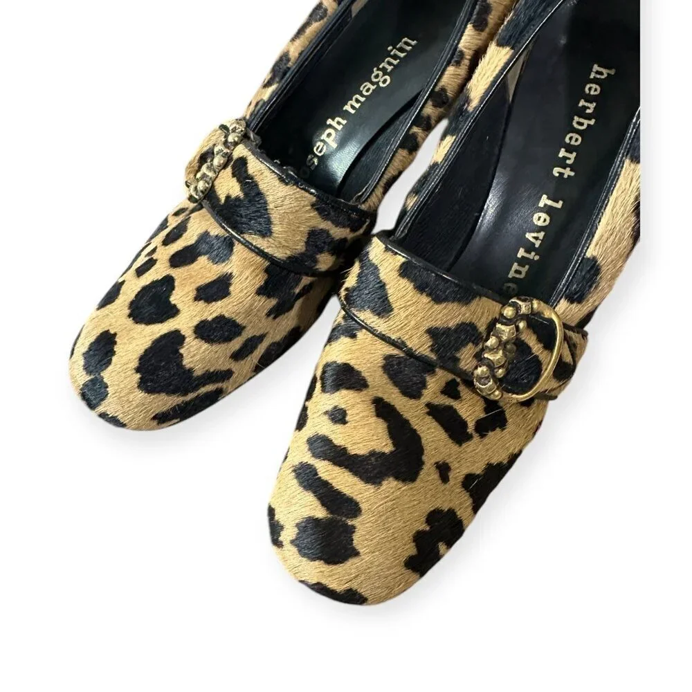 Vintage 1969 Herbert Levine Leopard Hair Calf Mod Pumps Gold Buckle, 7.5 AA